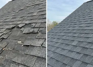 Damaged roof shingles before repair