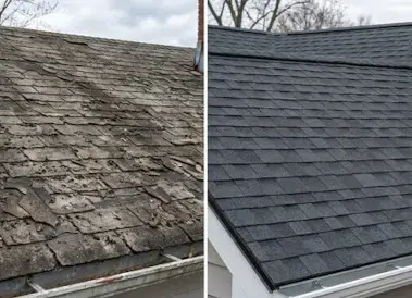 Old roof shingles before replacement